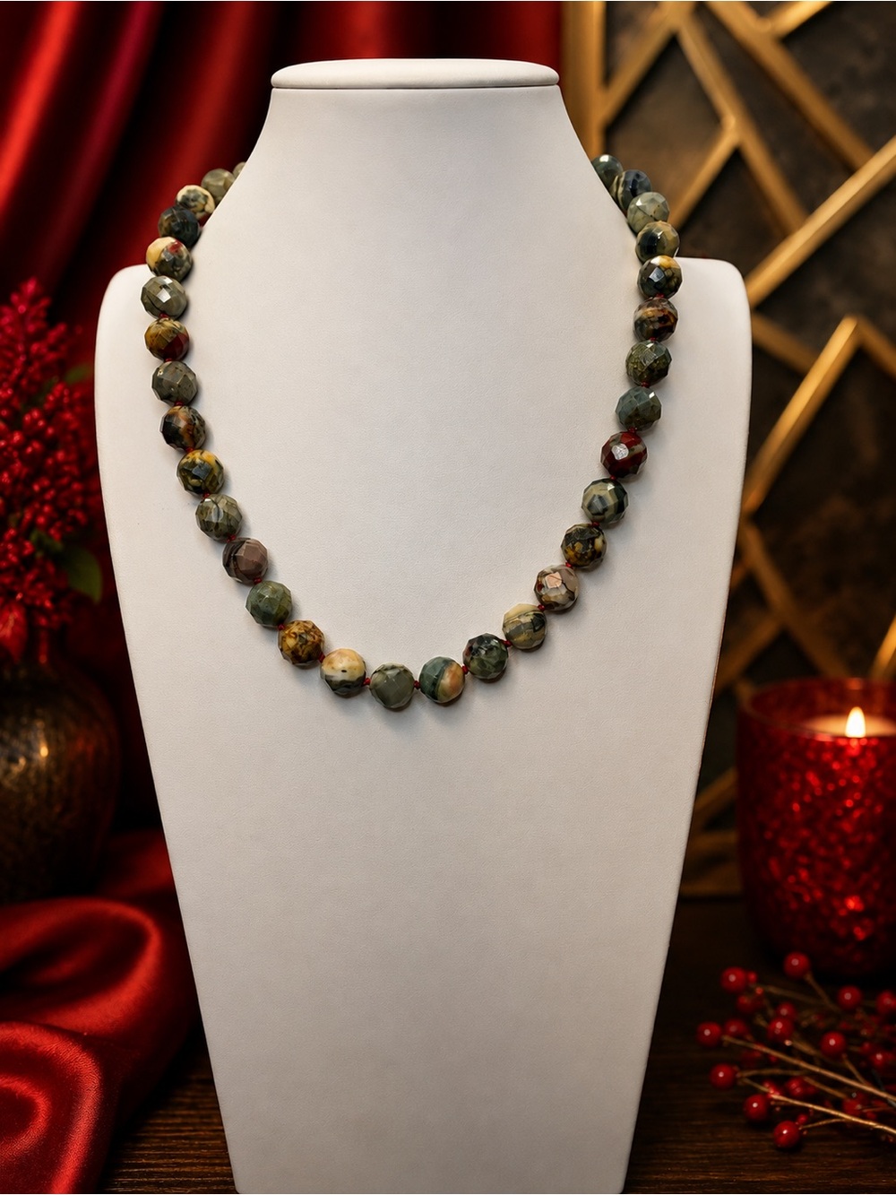 African Bloodstone 12mm Faceted Hand-Knotted Necklace on RED Cord 18